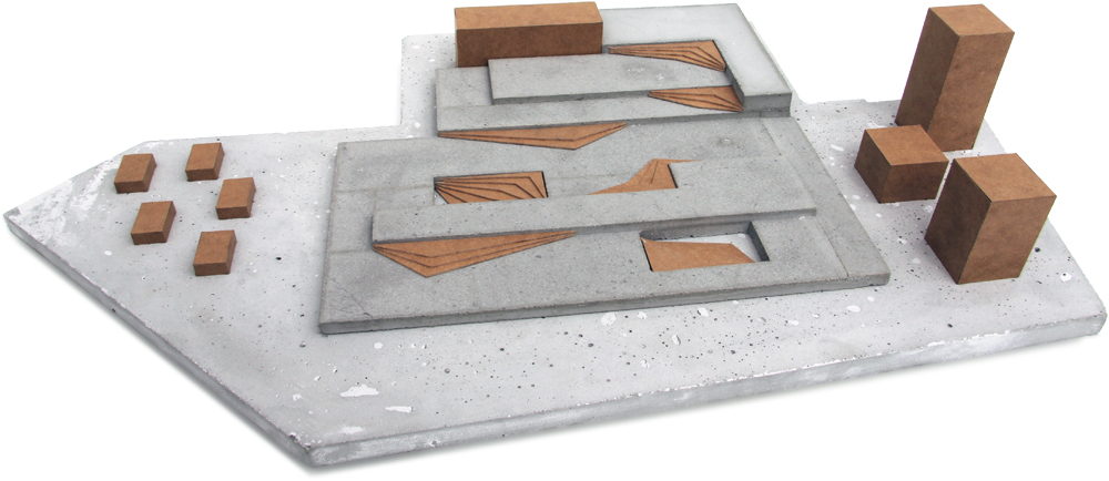 Foto: Modell aus Beton mit braunem MDF der Terassierung