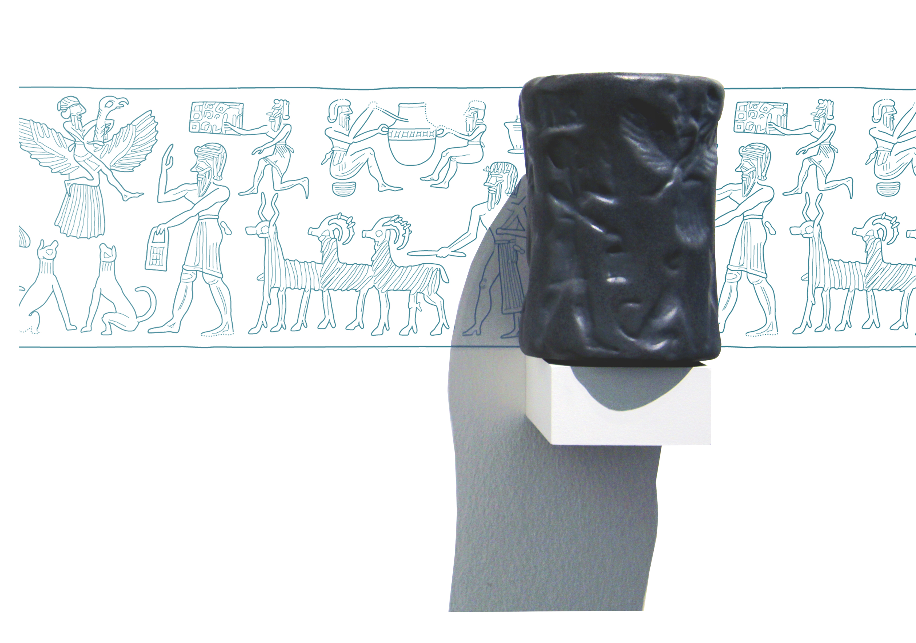 Vergrößerung eines babylonischen Rollsiegels durch 3D-Scan Technologie und 3D-Print Verfahren. Modell zum Drehen und Berühren. Dauerausstellung im Pergamonmuseum Berlin 